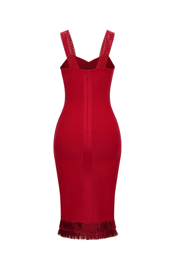 VESTIDO MIDI ROJO CON FLECOS