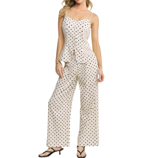 SET PANTALON Y BLUSA POLKA DOTS BEIGE CON NEGRO