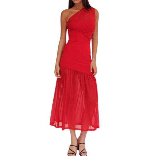 VESTIDO MIDI CORTES ASIMETRICOS ROJO
