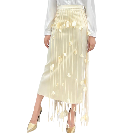 FALDA SATIN FLECOS CON FLORES BEIGE