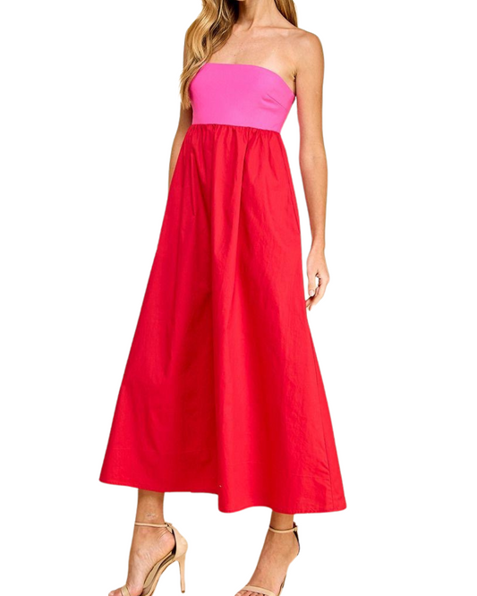 VESTIDO STRAPPLE FUCSIA CON ROJO